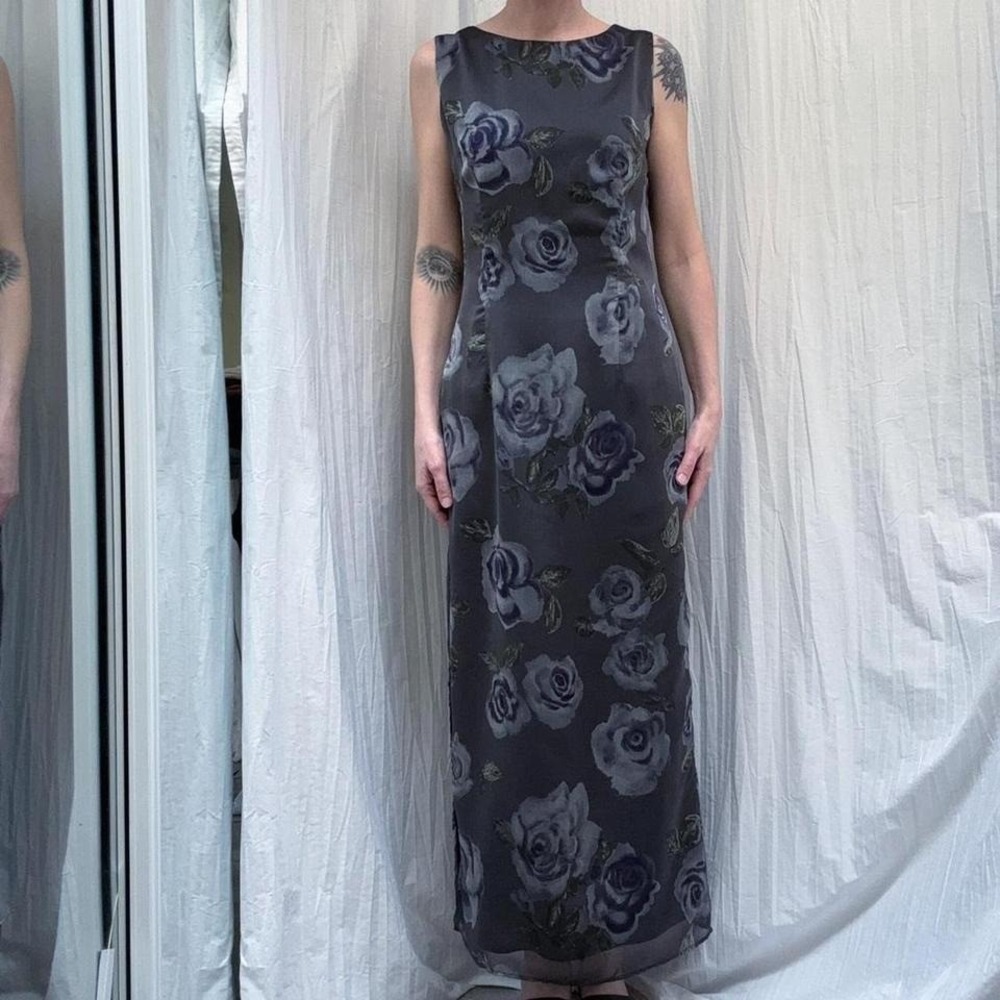 Purple Grey Floral Maxi Sleeveless Dress VTG 90s‎ Mica S/M Whimsygoth